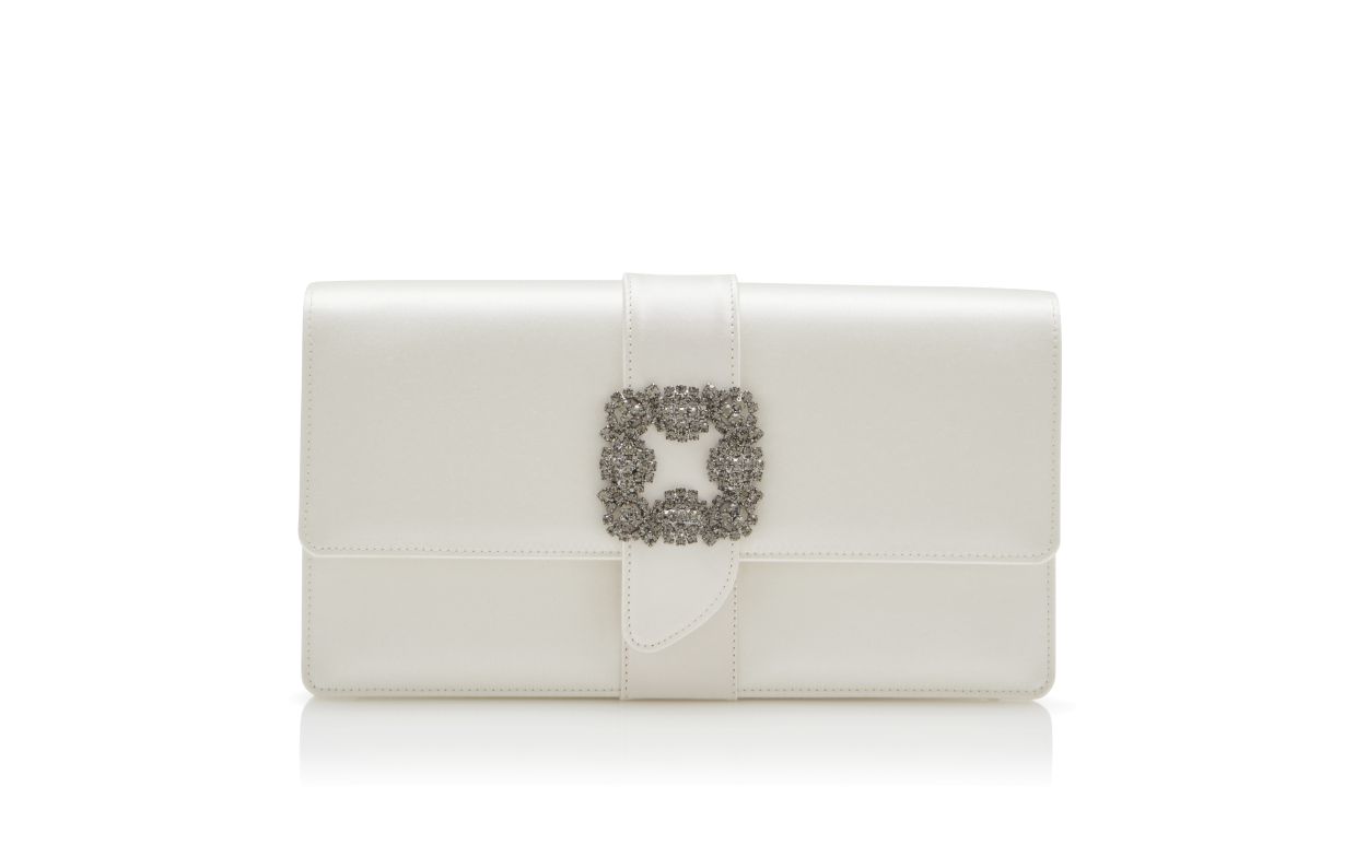 Portefeuille rectangulaire en satin blanc cassé avec boucle de bijou
