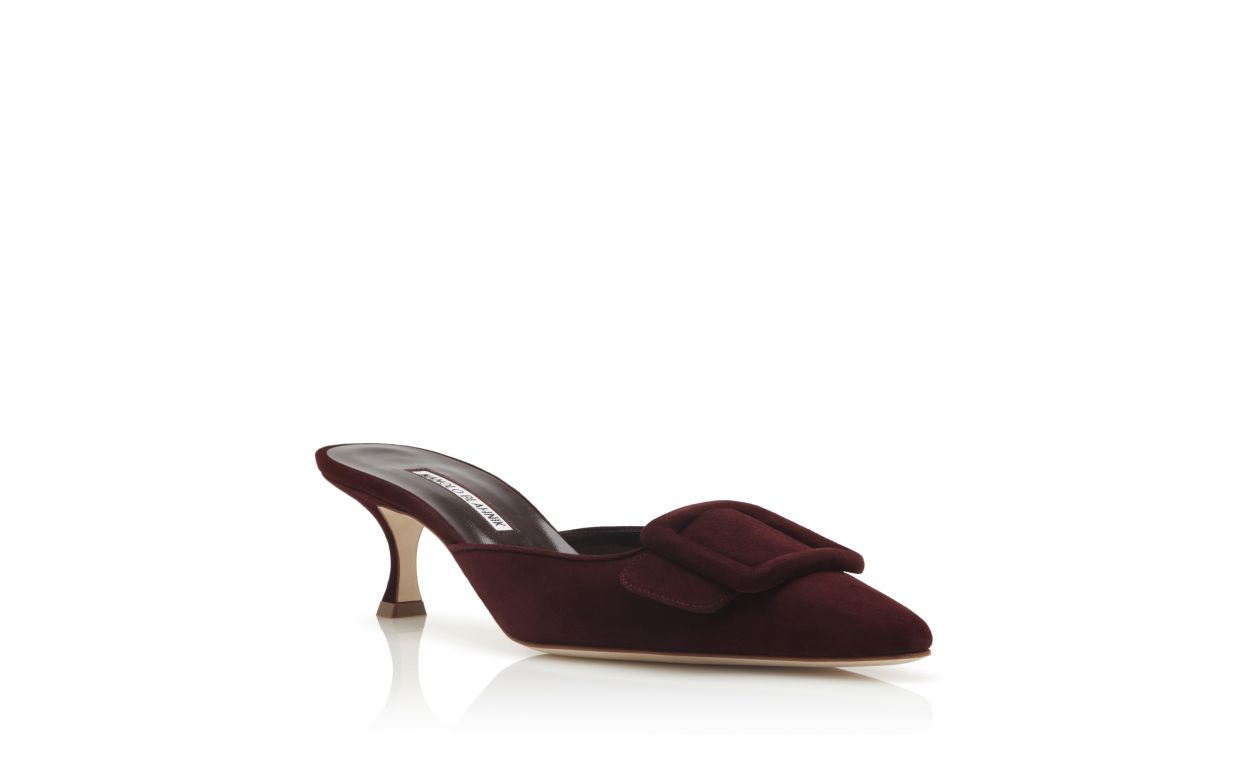 Mules à talon bas en daim bordeaux