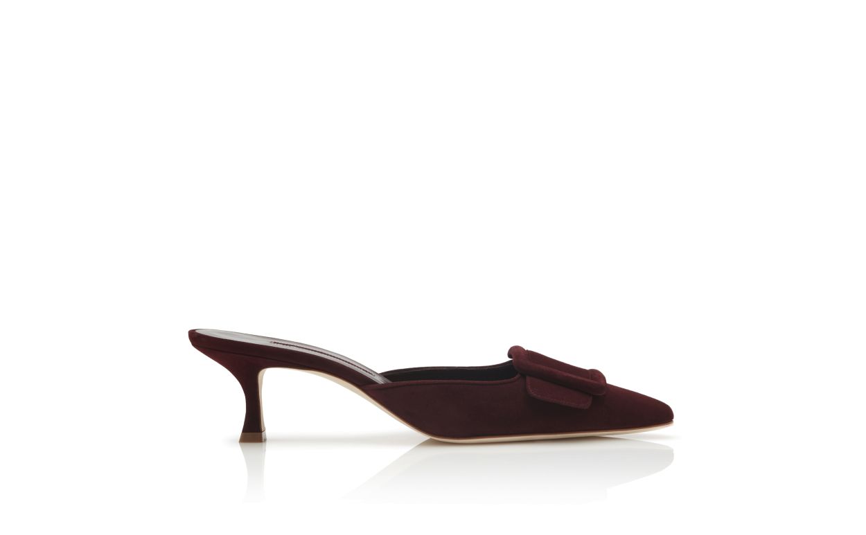 Mules à talon bas en daim bordeaux