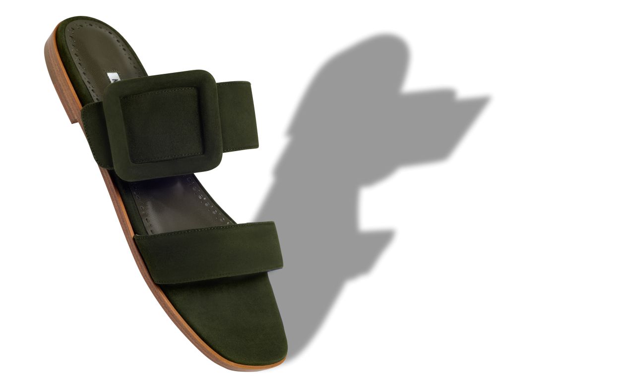 Sandales plates en daim vert foncé