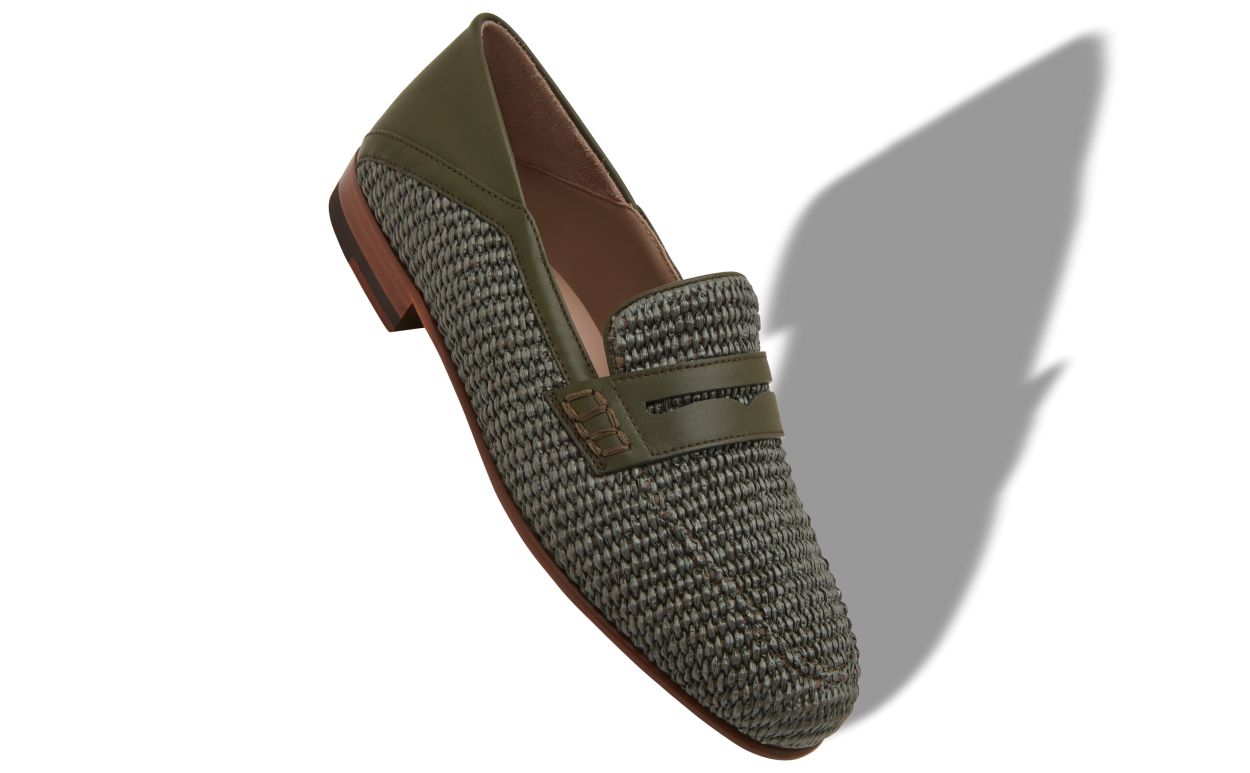Mocassins penny en raphia vert foncé