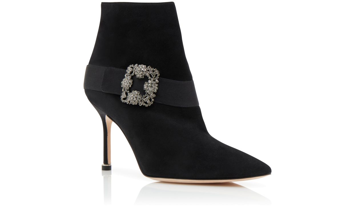 Bottines cheville à bout pointu en daim noir avec boucle décorative en bijou