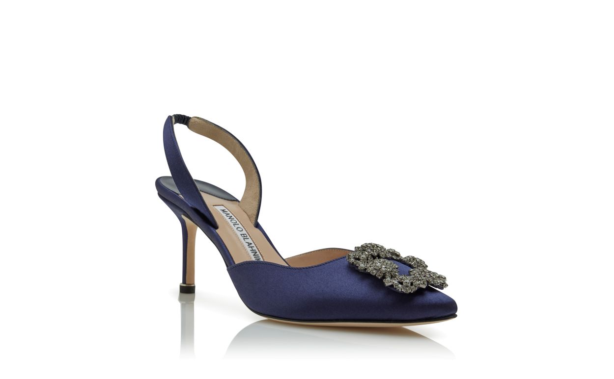 Escarpins à brides en satin bleu marine avec boucle bijou