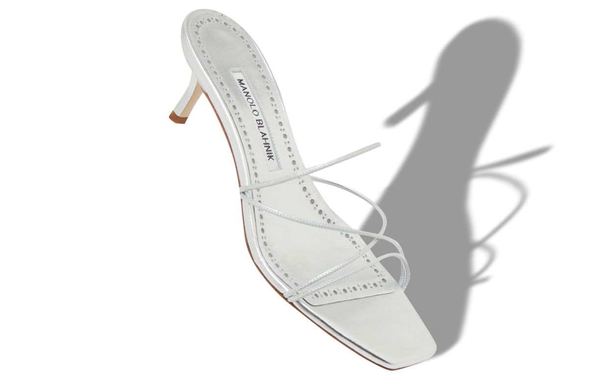 Mules à talon bas en cuir de nappa argenté