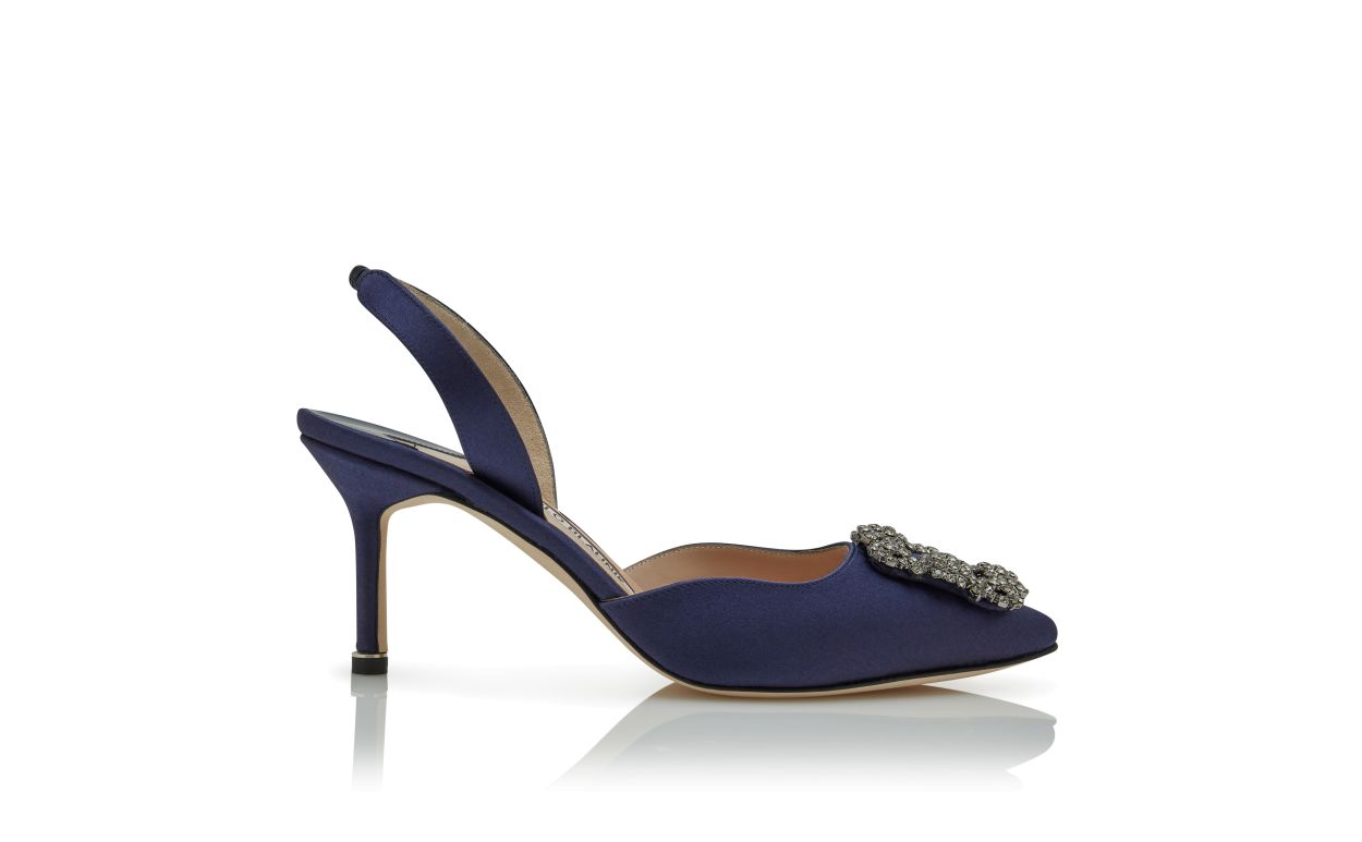 Escarpins à brides en satin bleu marine avec boucle bijou