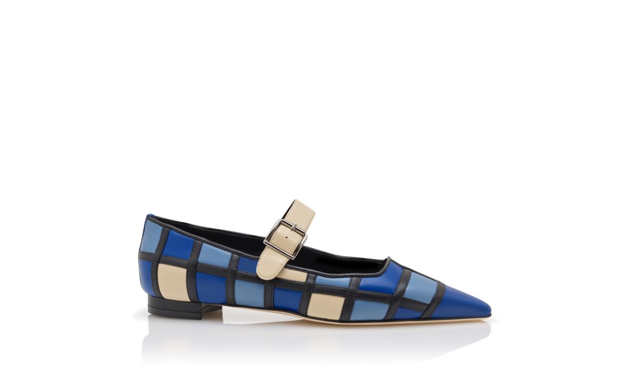 Escarpins à talon plat en cuir nappa bleu et crème style Mary Jane