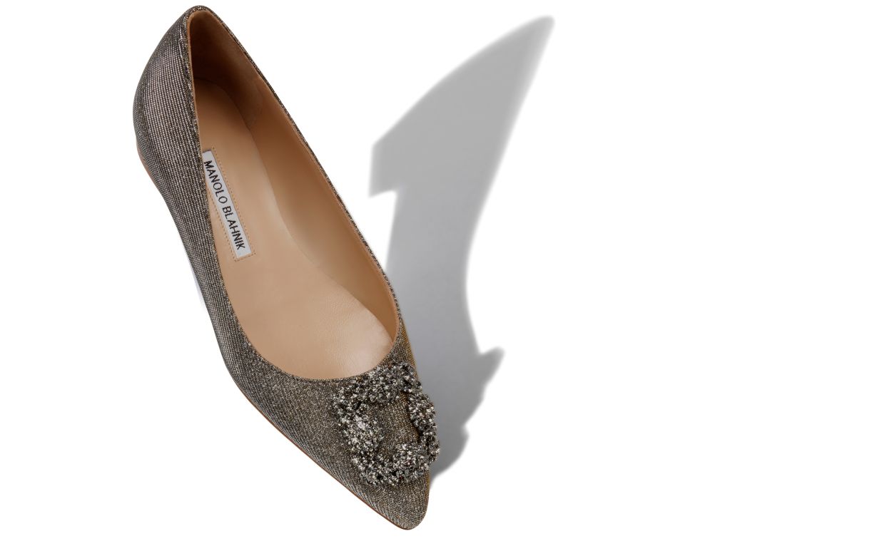 Chaussures plates à boucle de bijou en tissu pailleté doré foncé