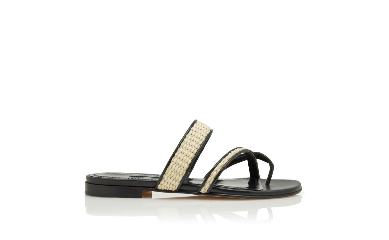Sandales plates en raphia noir et beige
