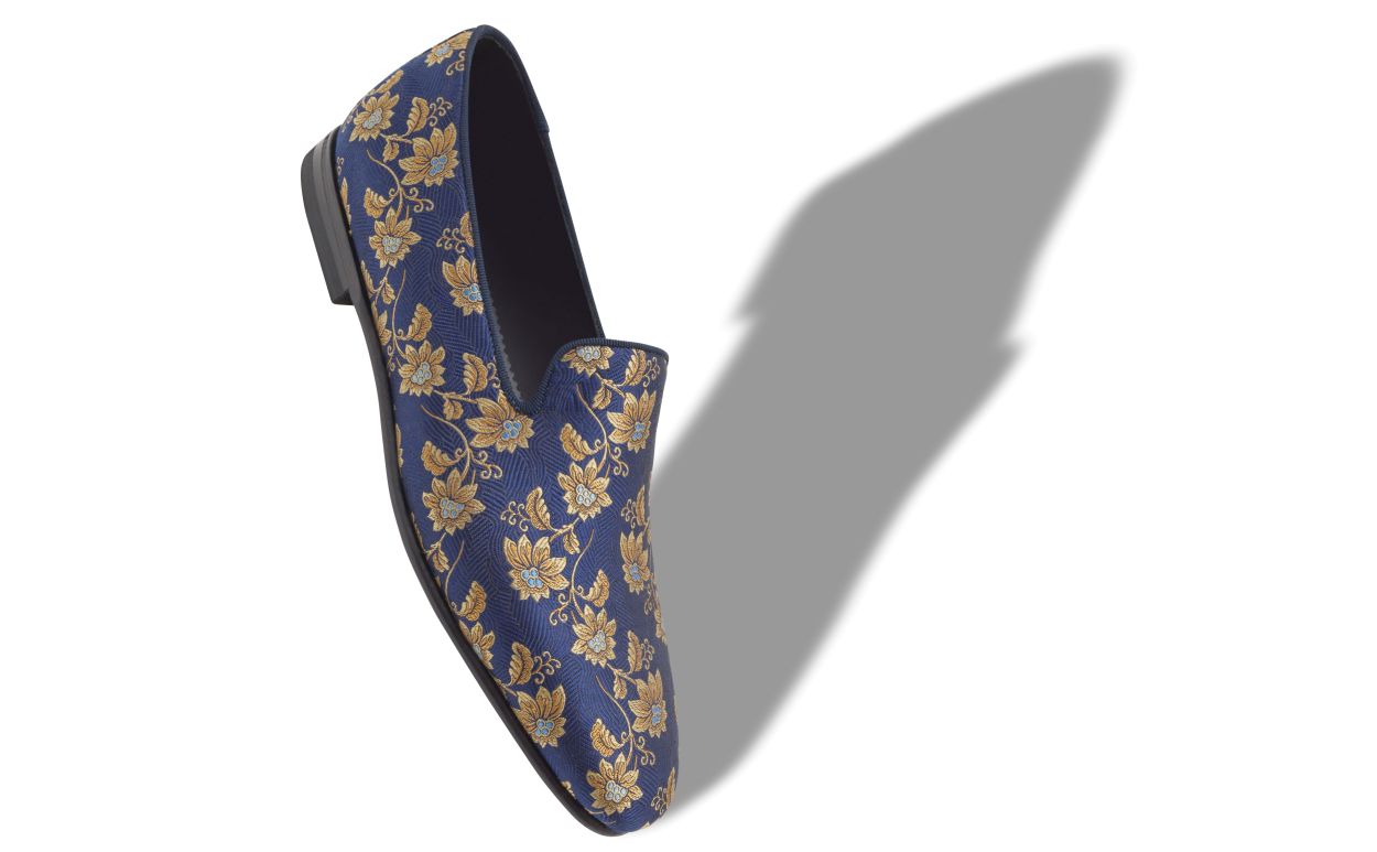 Mocassins en soie jacquard fleuris bleu marine