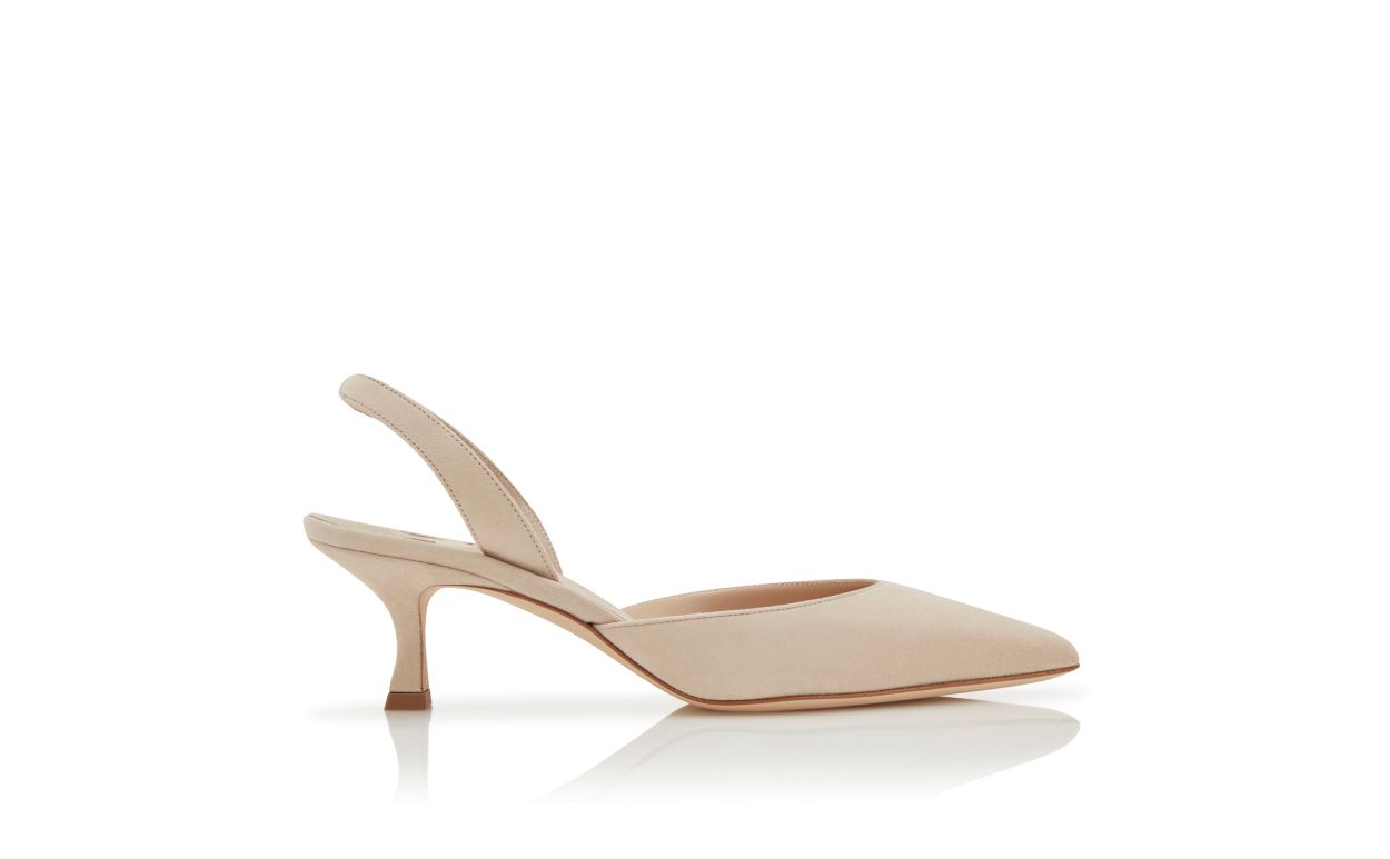 Pompes en daim beige clair à brides et talon aiguille