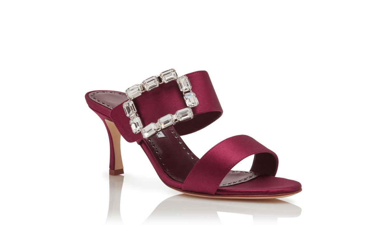 Mules à boucle en cristal satin rouge foncé