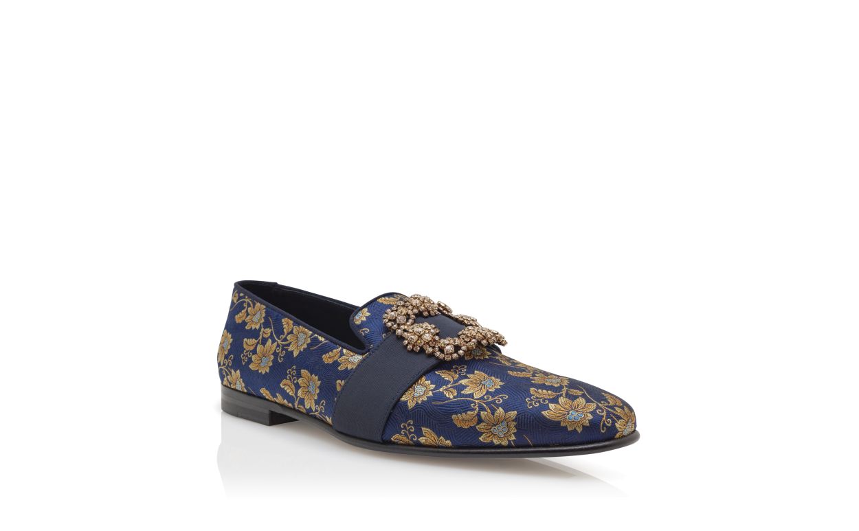 Mocassins en soie jacquard à motif floral bleu marine avec boucle de bijou