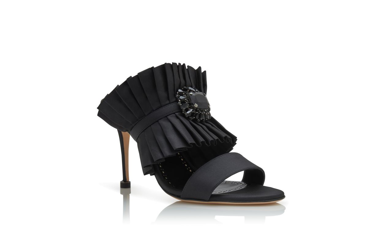 Mules à détails plissés en soie noire