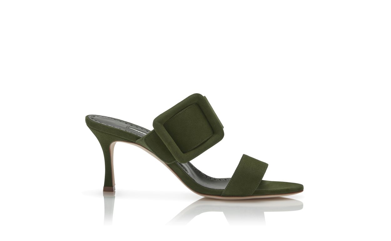 Mules à bout ouvert en daim vert kaki foncé