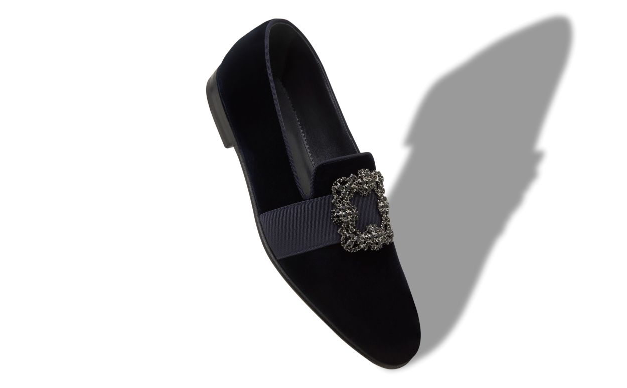 Mocassins à boucle incrustée en velours bleu foncé