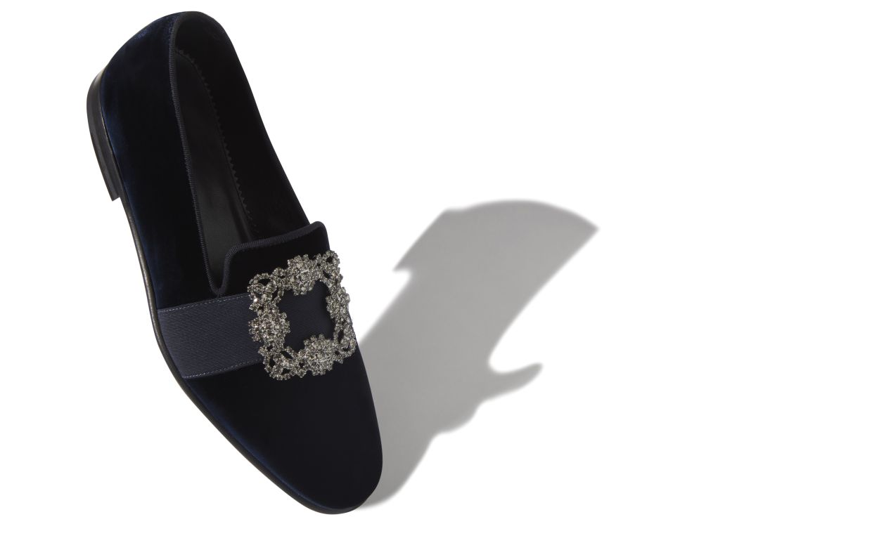 Mocassins à boucle incrustée en velours bleu marine