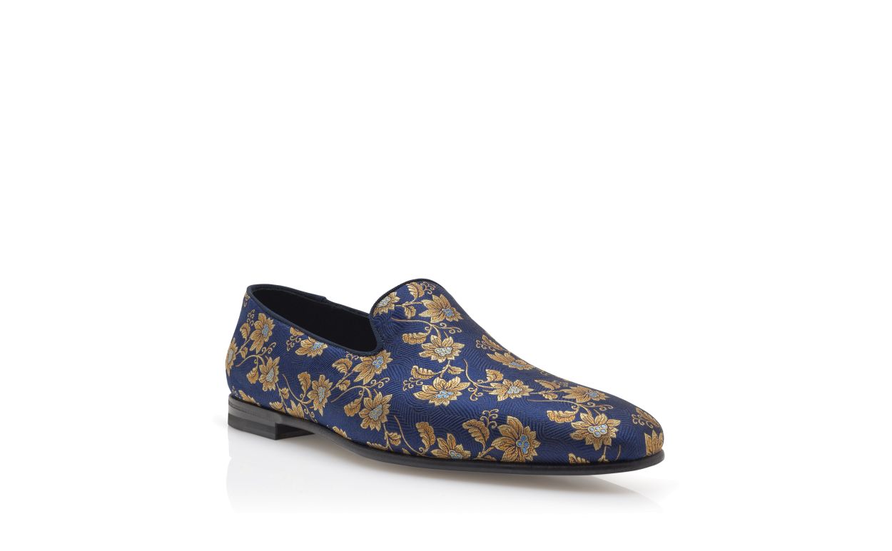 Mocassins en soie jacquard fleuris bleu marine
