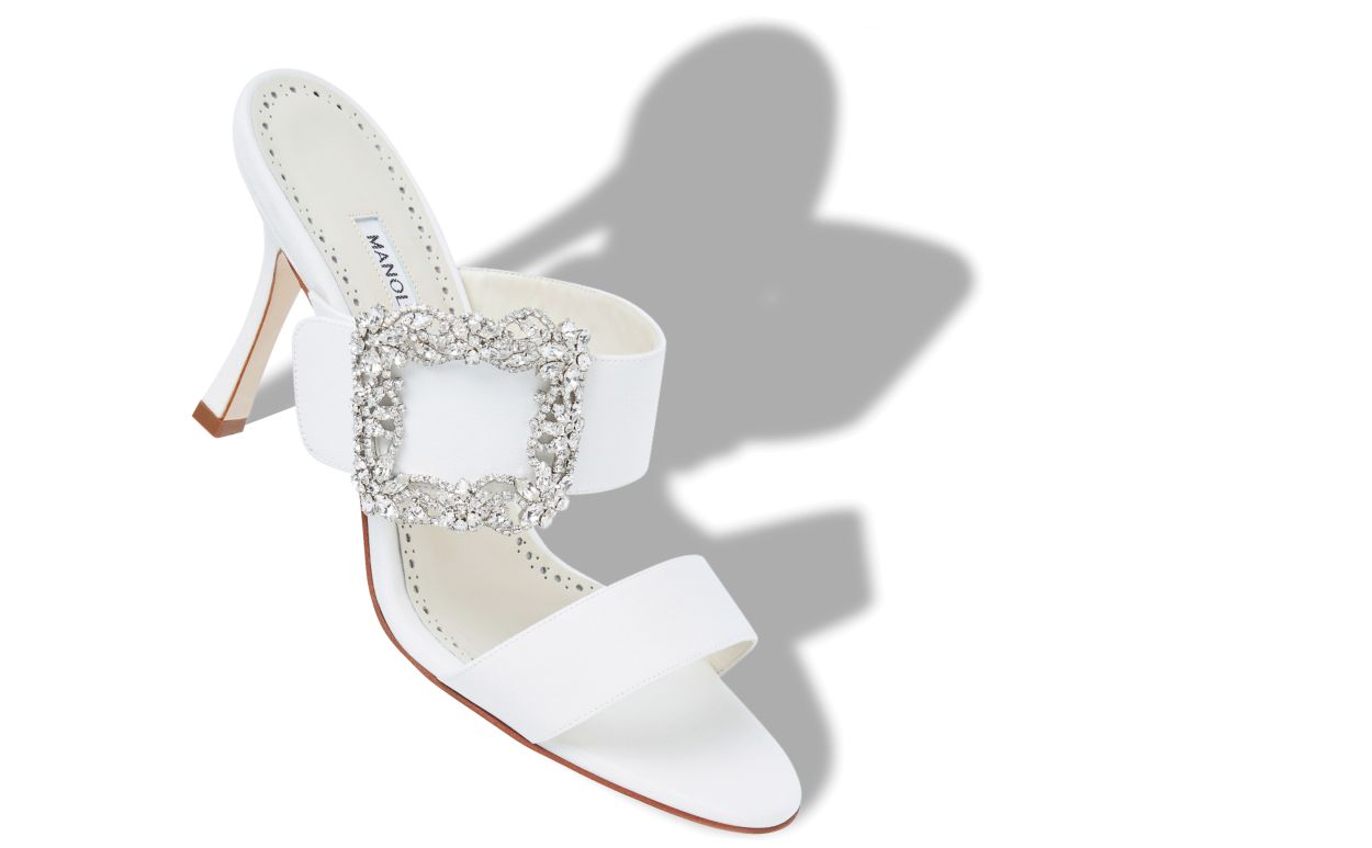 Mules à bride de cristal en crêpe de Chine blanc