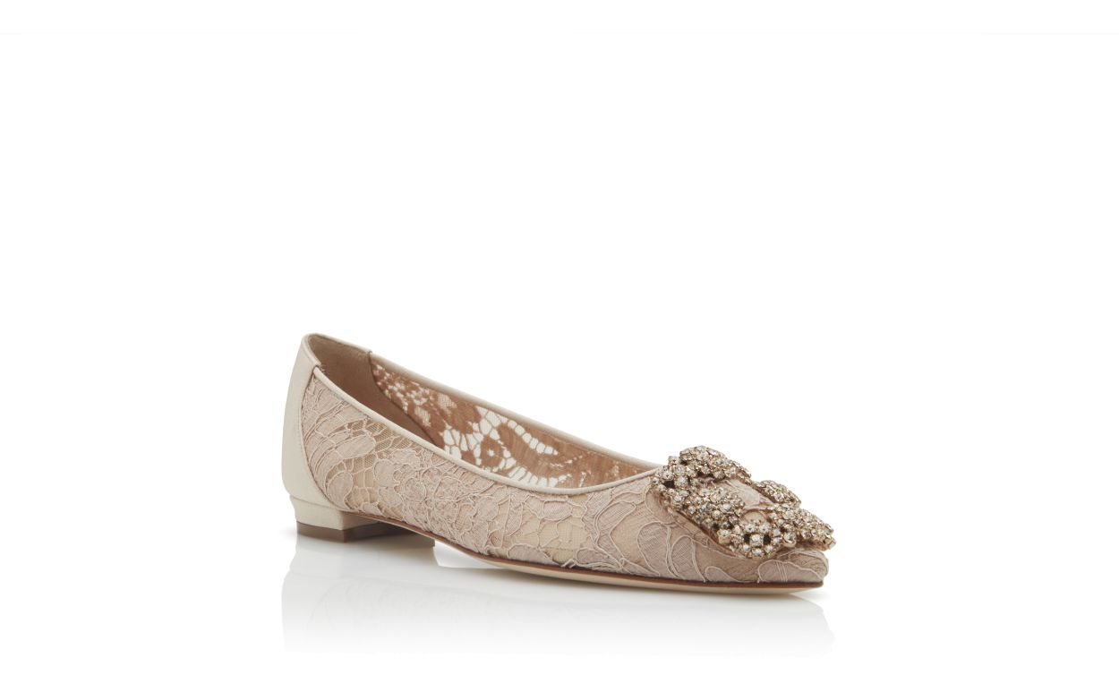 Pompes plates à noue en dentelle rose champagne avec boucle bijou