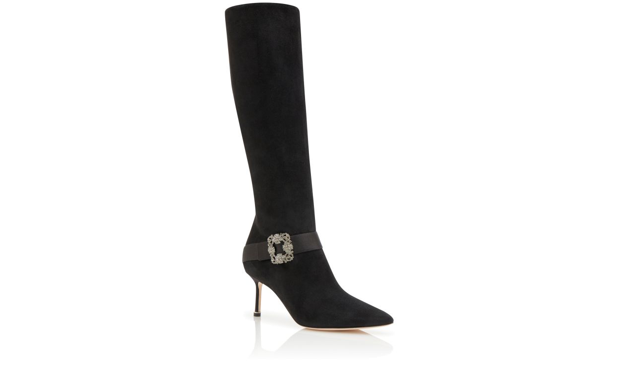 Bottes hautes genou en daim noir avec boucle bijou