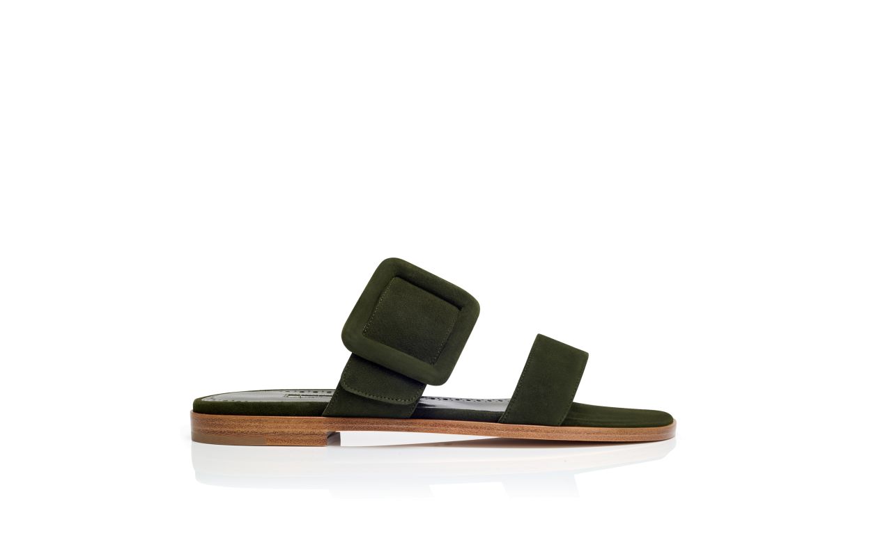 Sandales plates en daim vert foncé