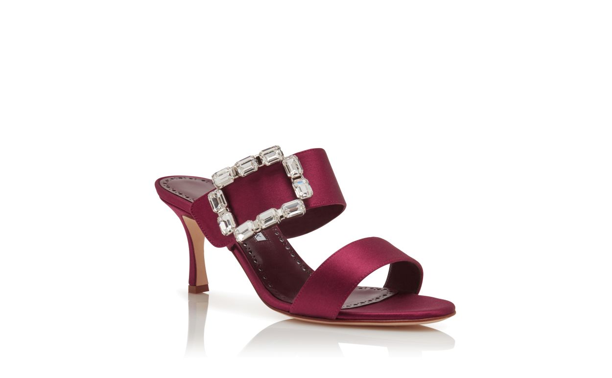 Mules à boucle en cristal satin rouge foncé
