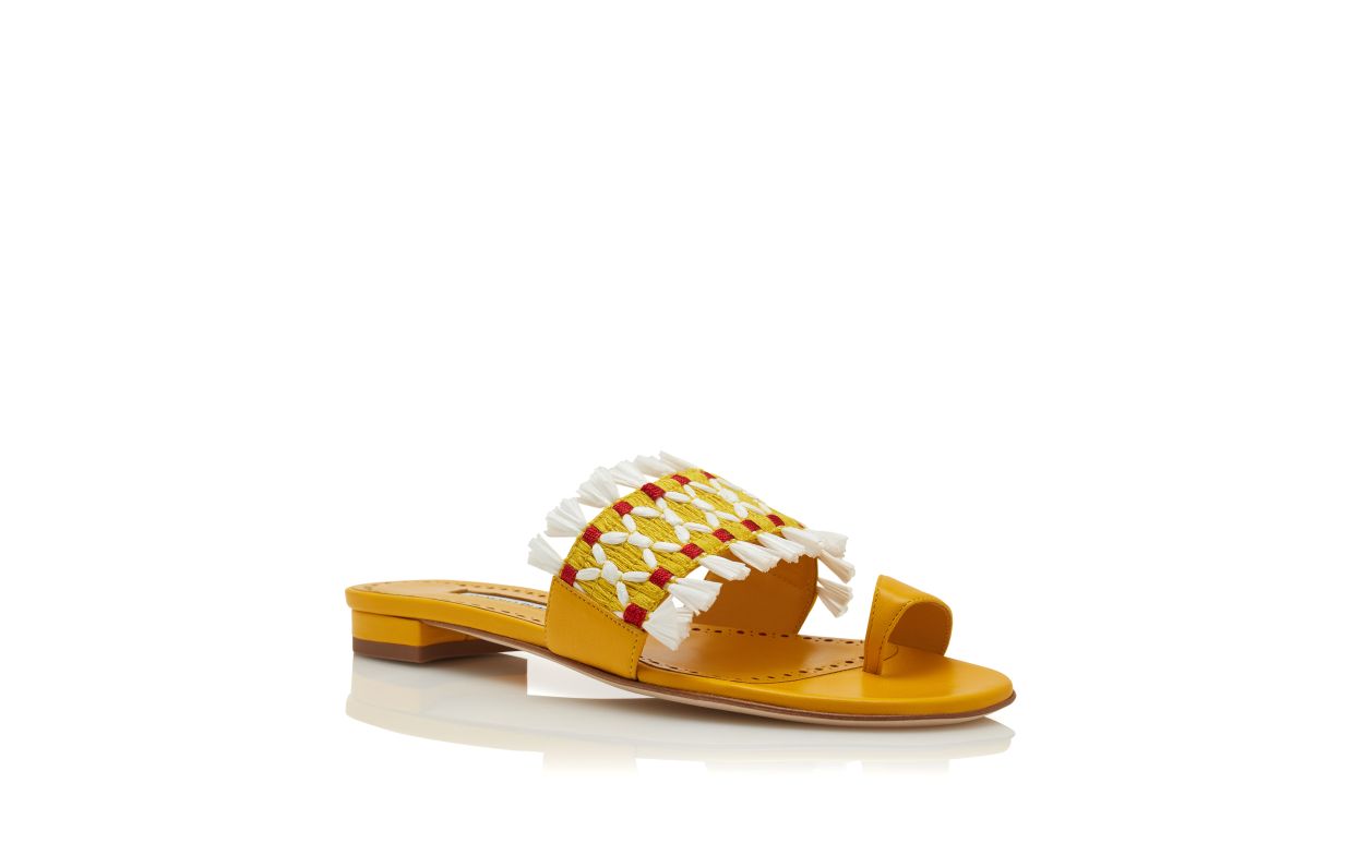 Mules plates en cuir de nappa jaune avec détail en raphia