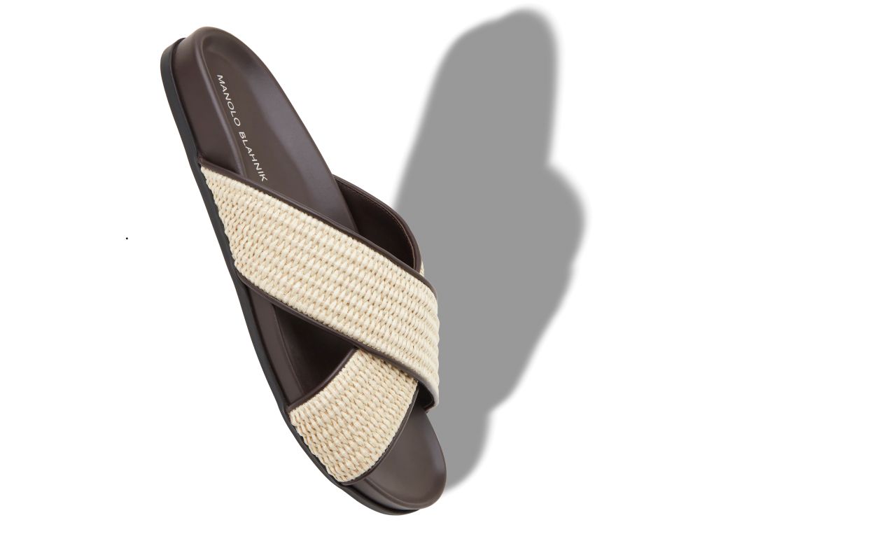 Sandales plates en raphia brun et crème foncé