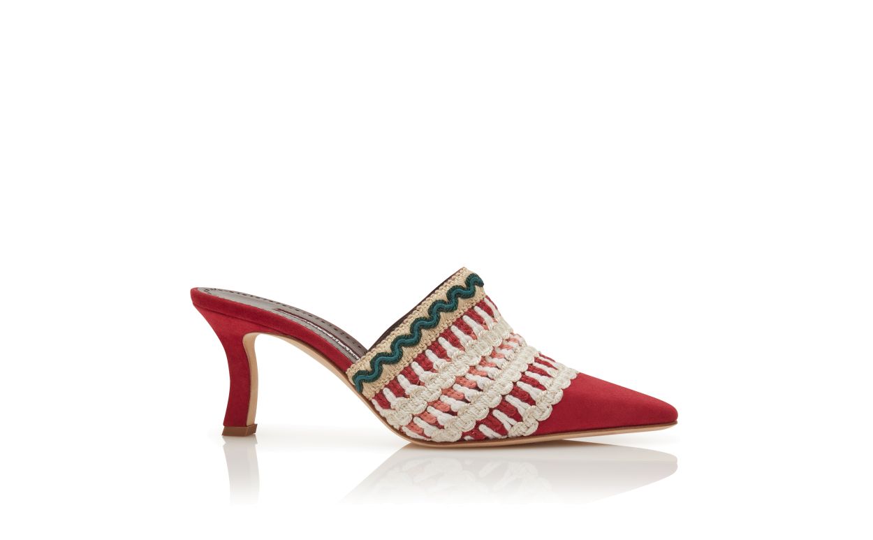 Mules en daim rouge avec détails tricotés