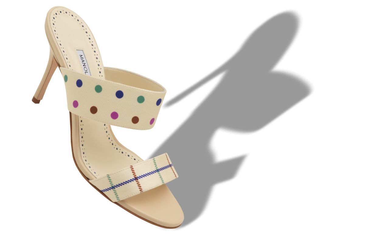 Mules Cream Silk à Carreaux et Détails Polka Dot
