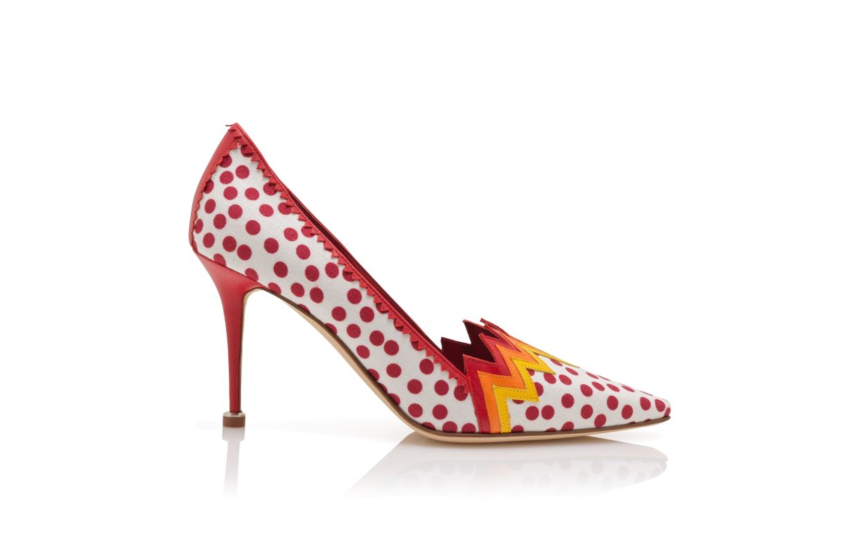 Chaussures à talons en lin rouge et blanc à pois