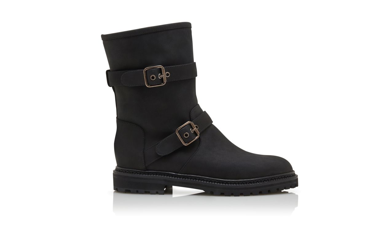 Bottes cheville à double boucle en daim noir