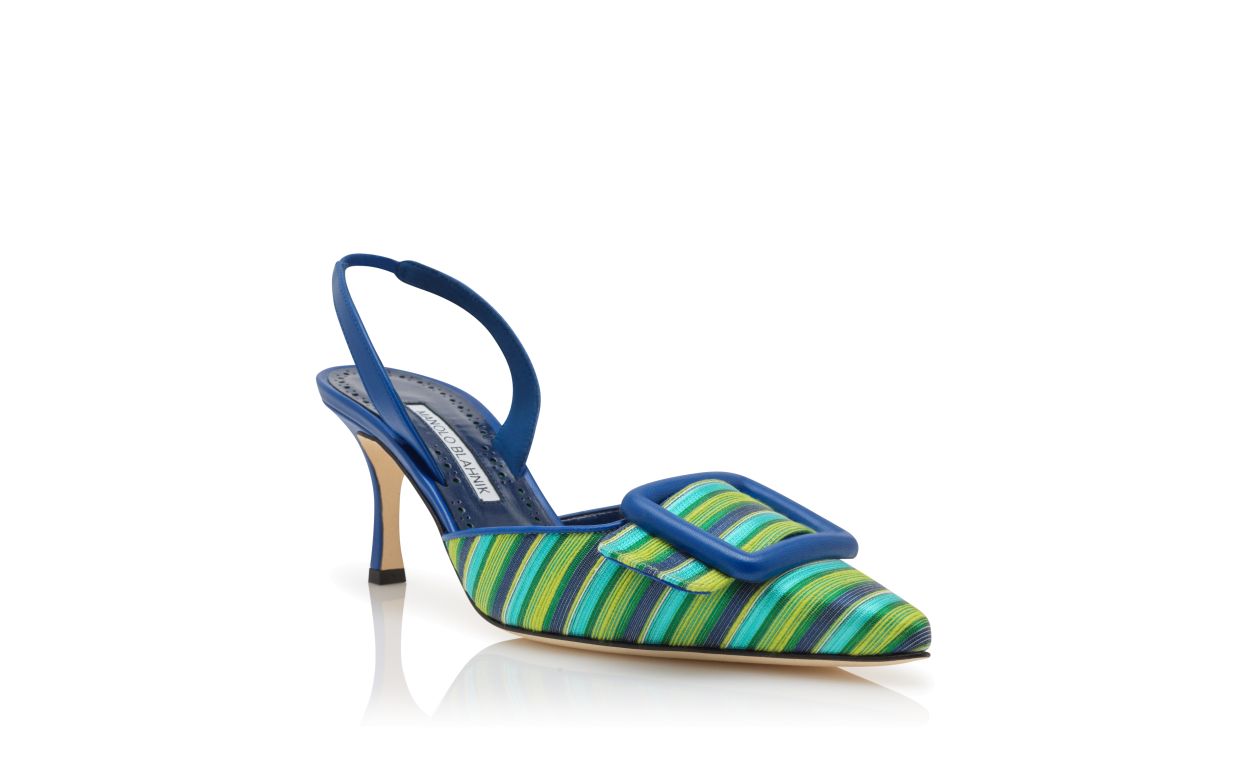 Pompes à talon aiguille en coton bleu et vert avec détail de boucle