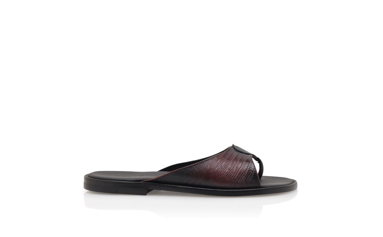 Sandales en cuir de veau rouge foncé avec imprimé lézard