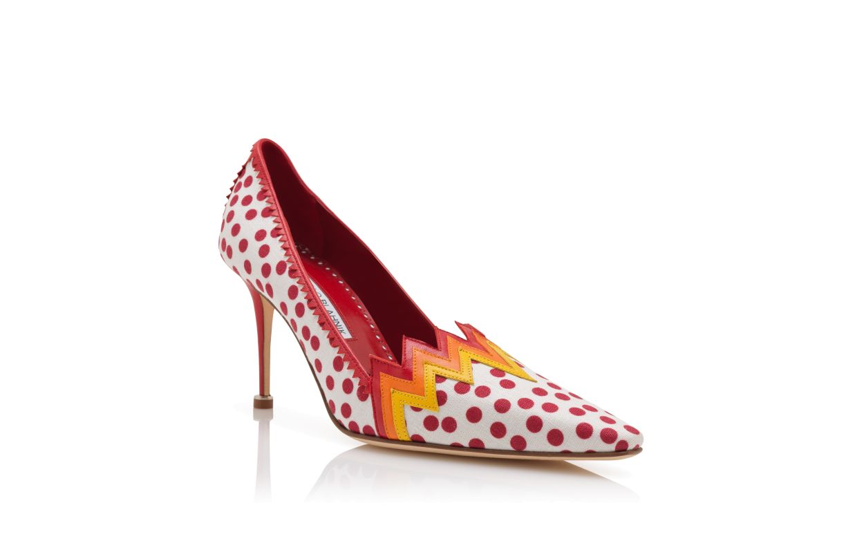 Chaussures à talons en lin rouge et blanc à pois