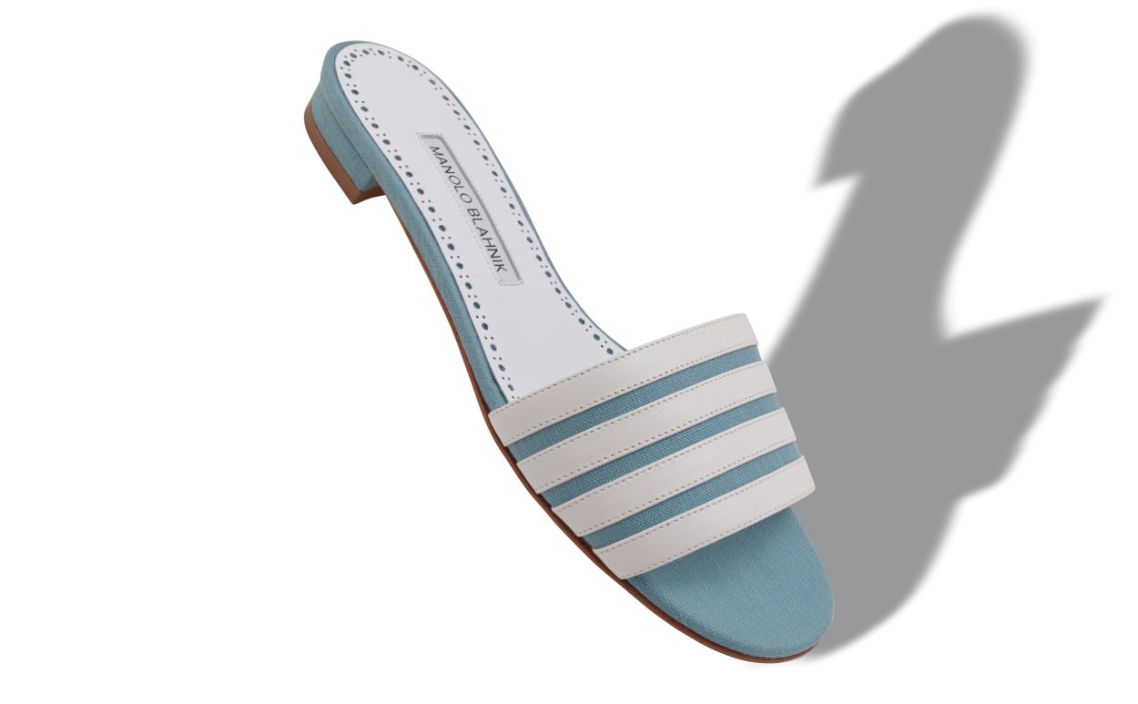 Mules plates en lin bleu clair et blanc