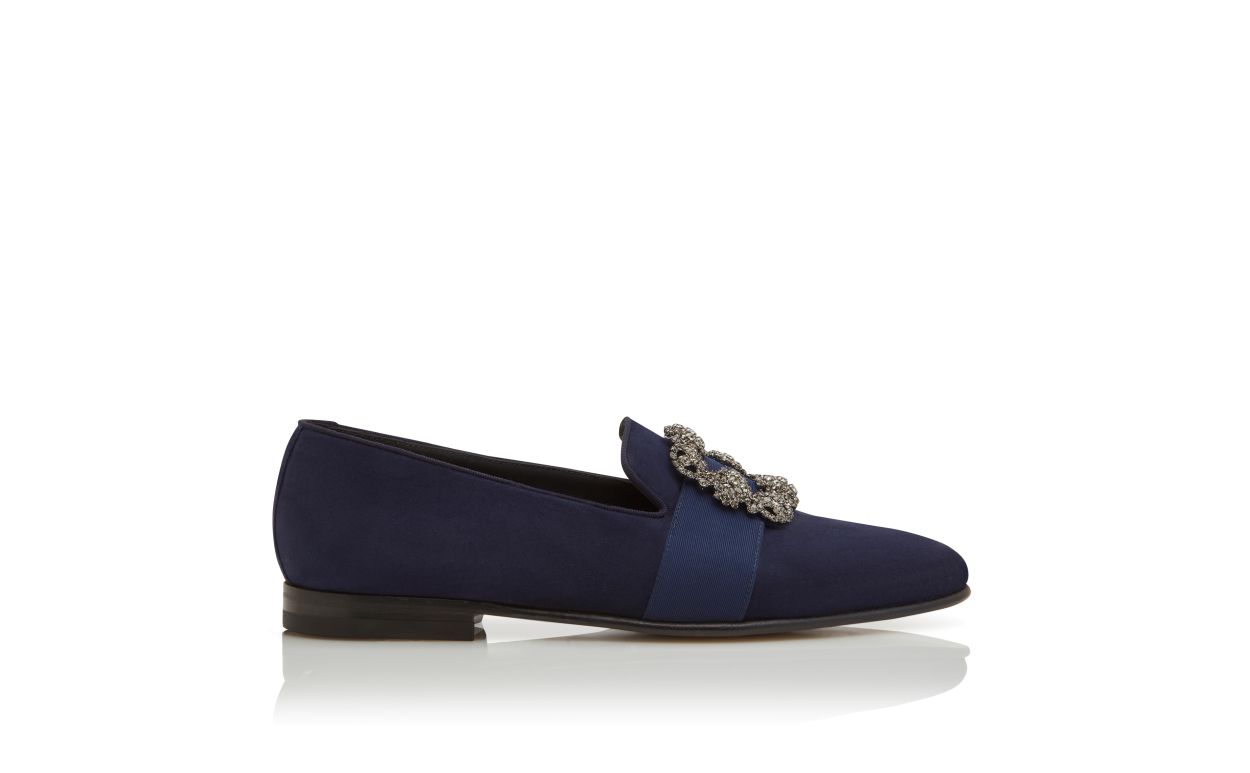 Mocassins en daim bleu marine avec boucle de bijou