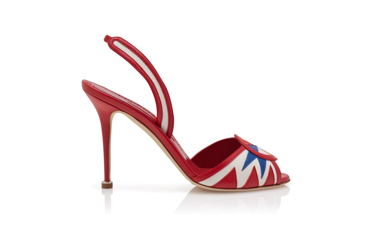 Sandales à talon aiguille en cuir nappa rouge, blanc et bleu