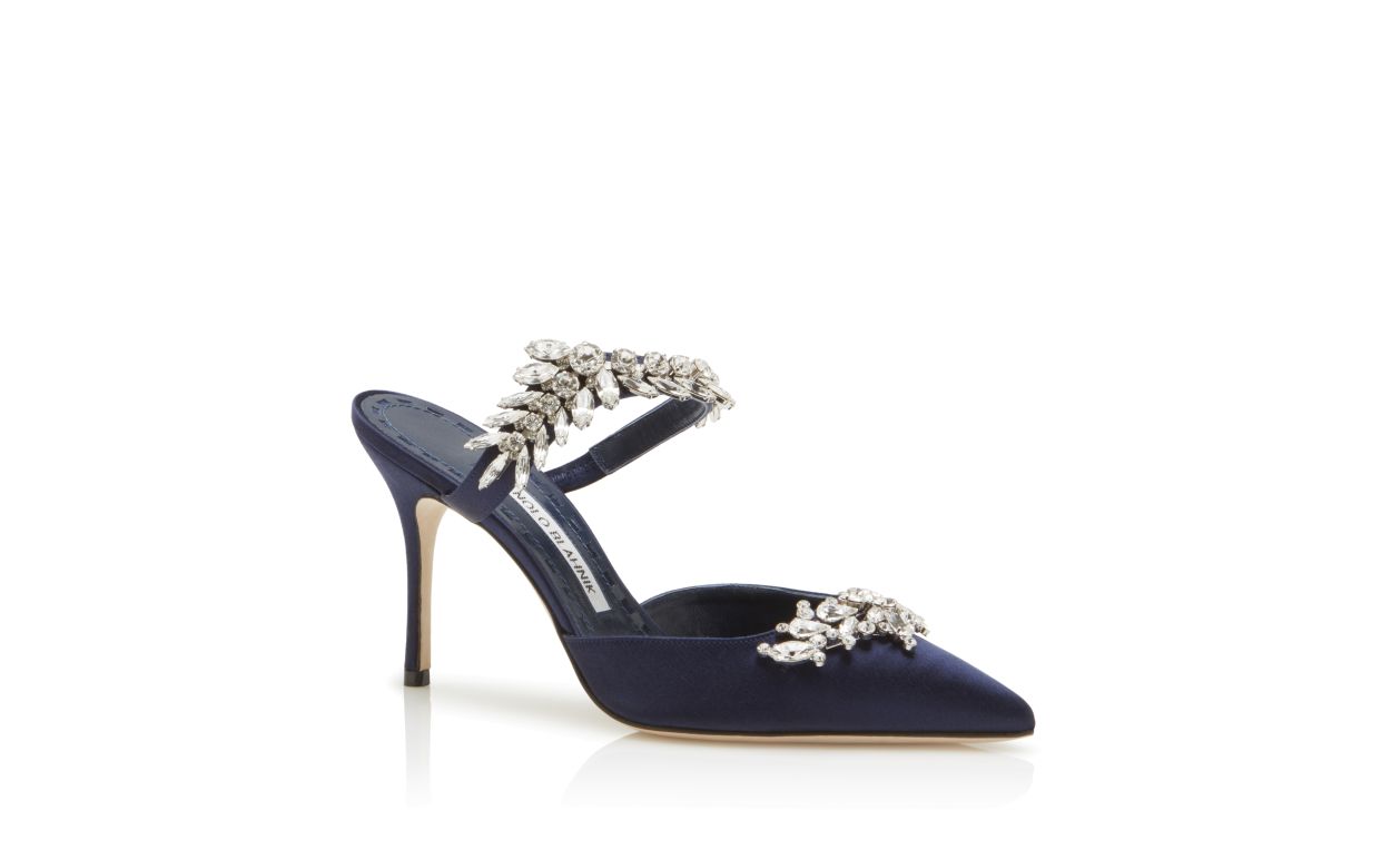 Mules en satin bleu marine ornés de cristaux