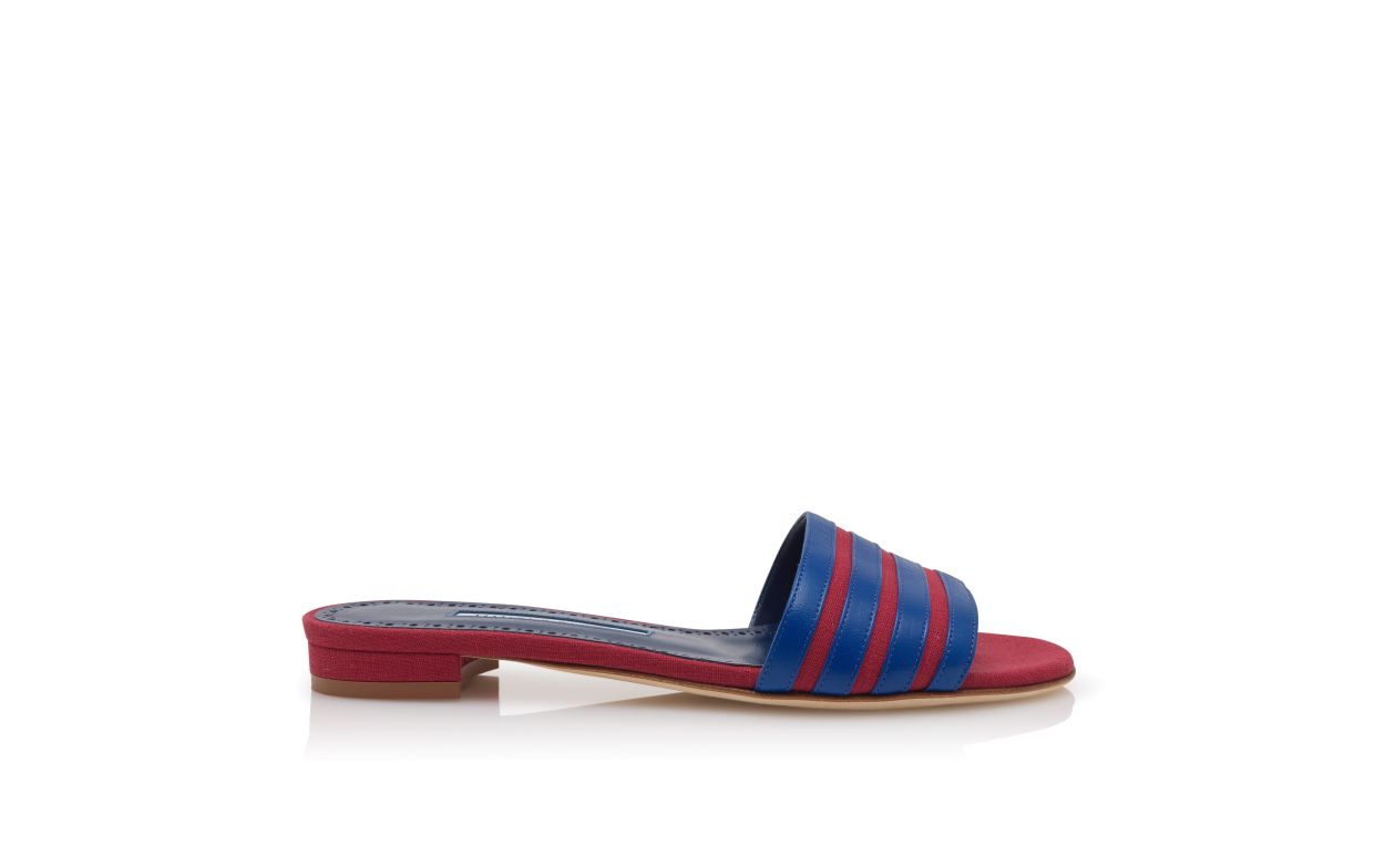 Mules plates en lin rouge et bleu