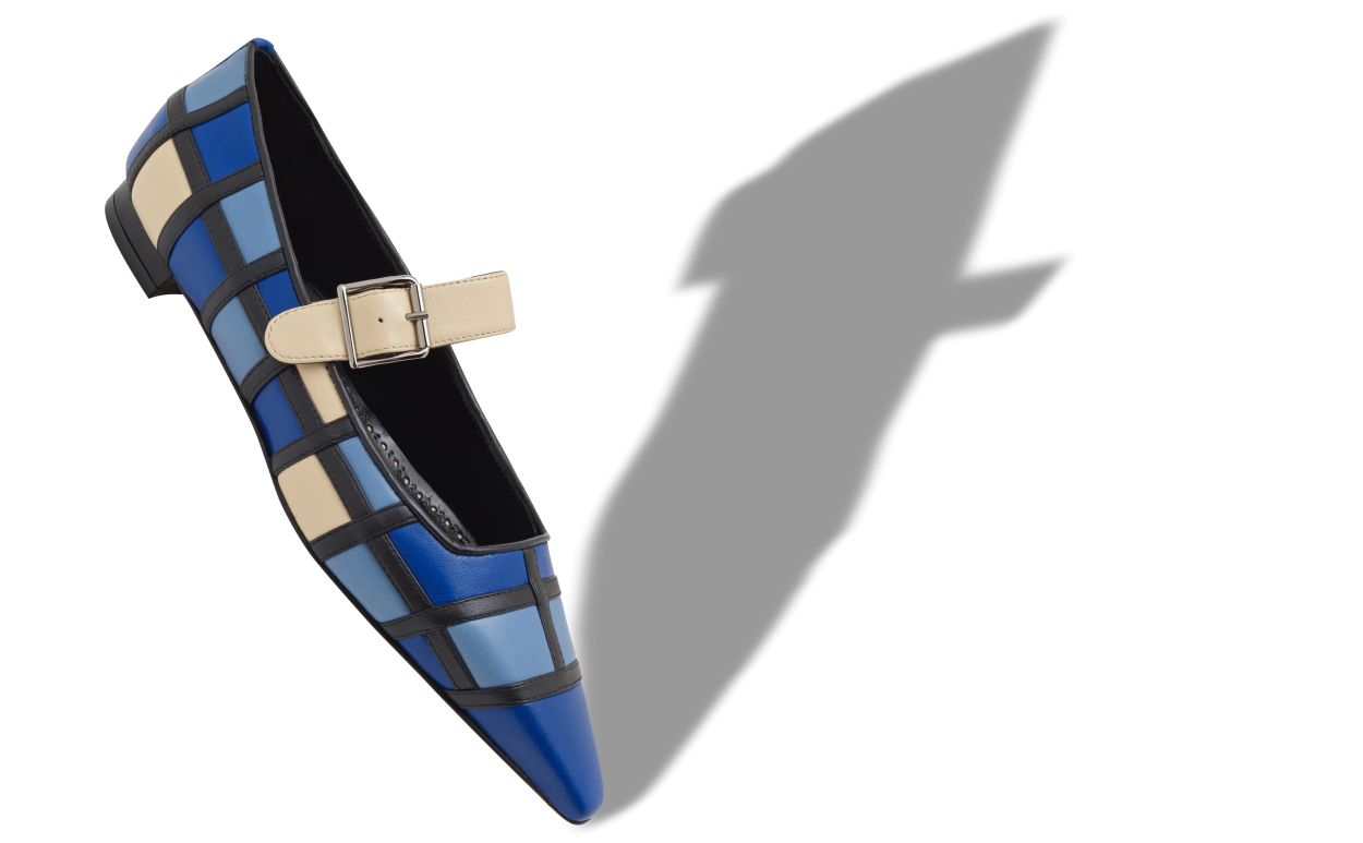 Escarpins à talon plat en cuir nappa bleu et crème style Mary Jane