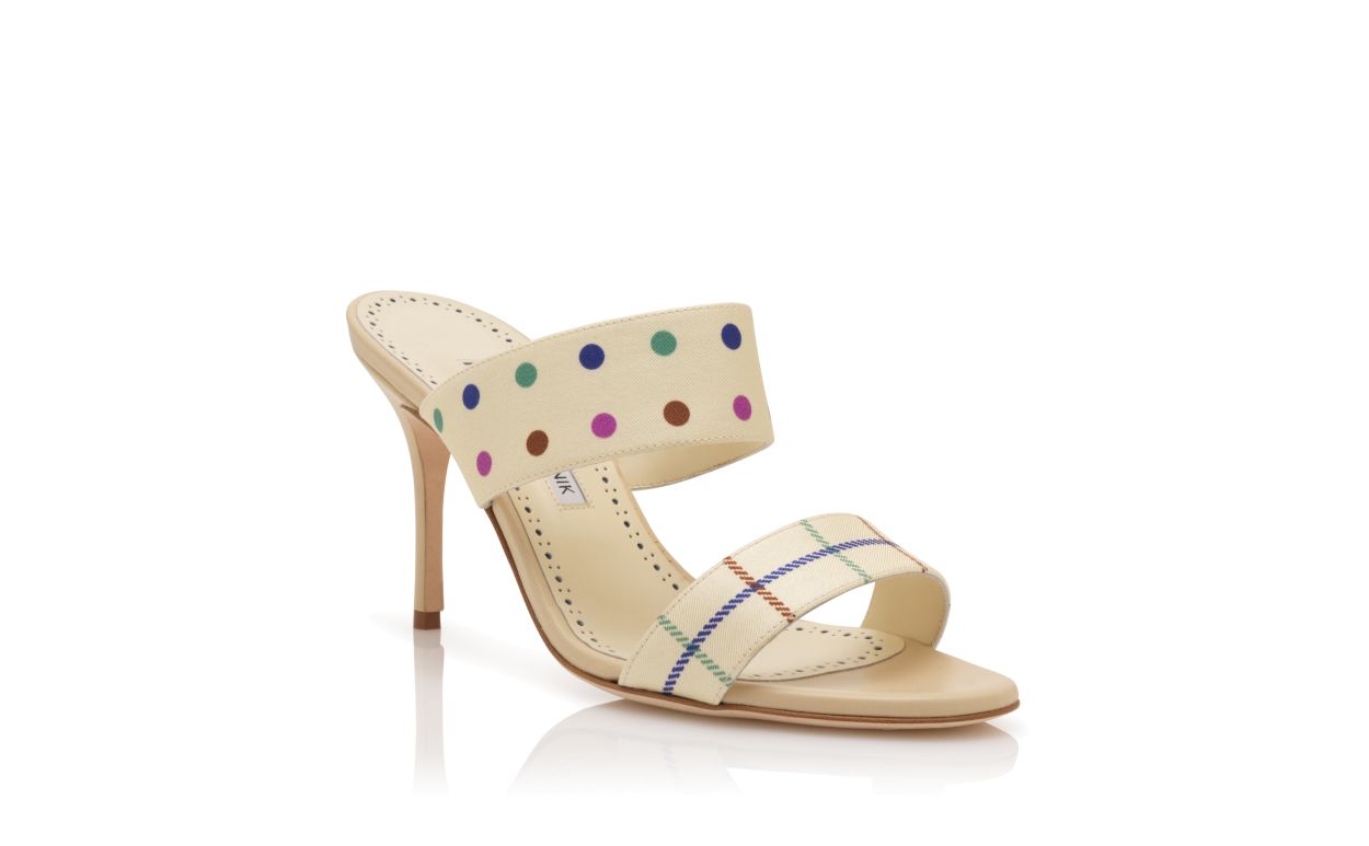 Mules Cream Silk à Carreaux et Détails Polka Dot