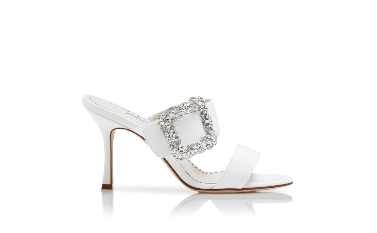 Mules à bride de cristal en crêpe de Chine blanc