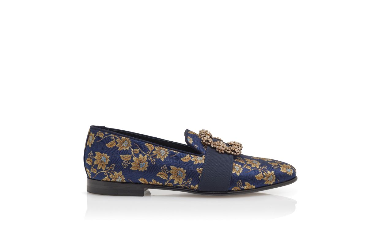 Mocassins en soie jacquard à motif floral bleu marine avec boucle de bijou