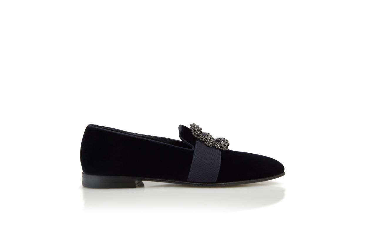 Mocassins à boucle incrustée en velours bleu foncé
