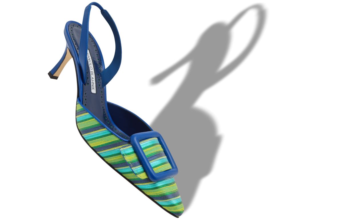 Pompes à talon aiguille en coton bleu et vert avec détail de boucle