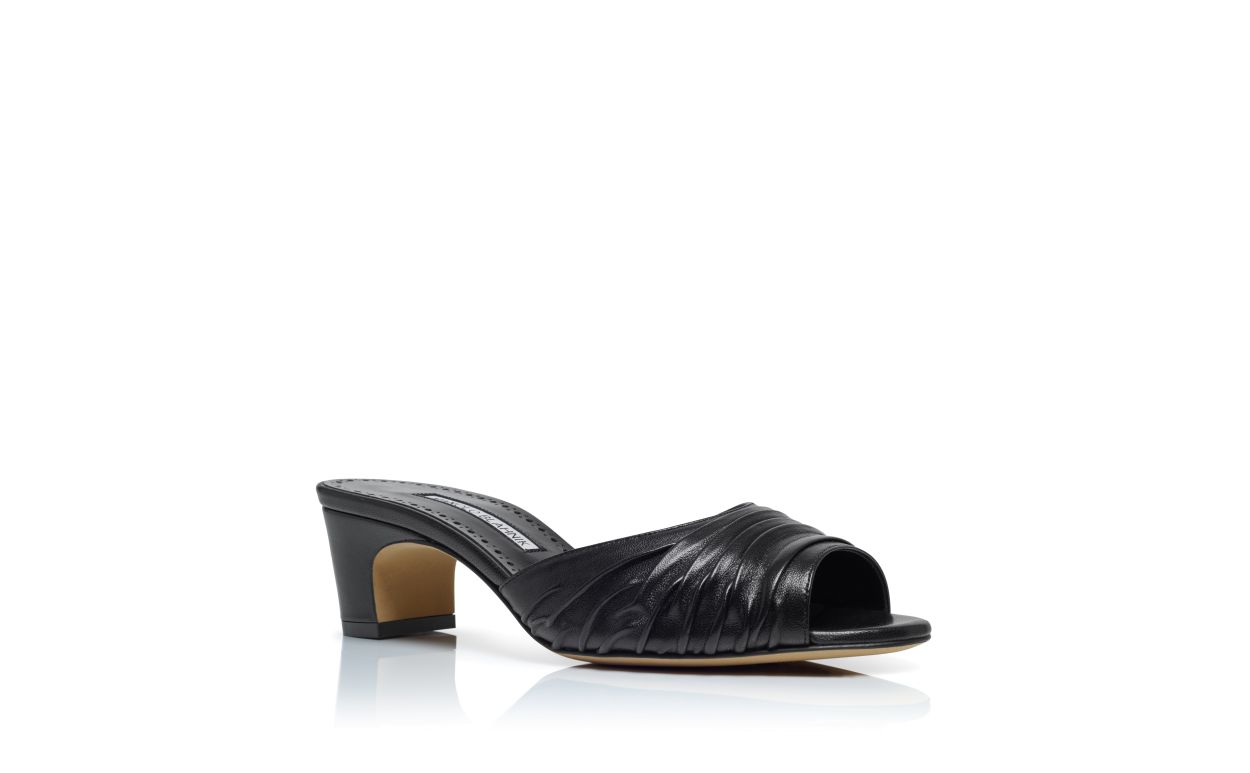 Mules à brides en cuir nappa noir avec détail ruché et bout ouvert
