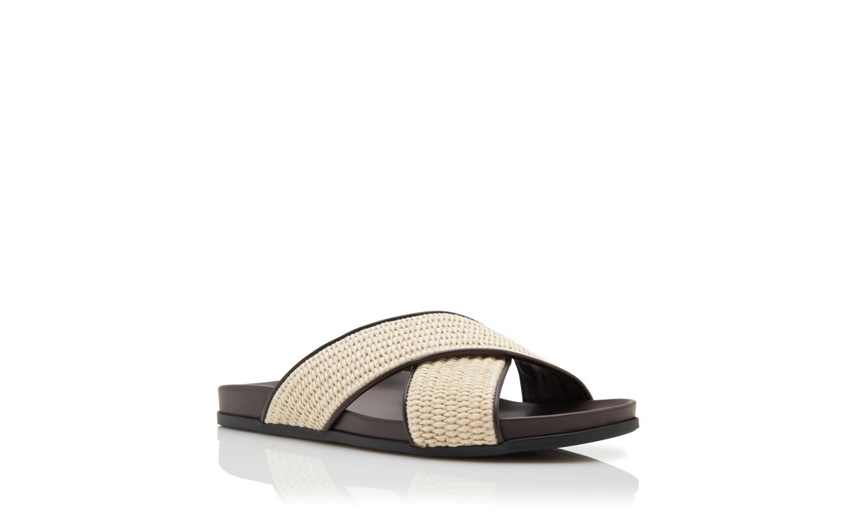 Sandales plates en raphia brun et crème foncé