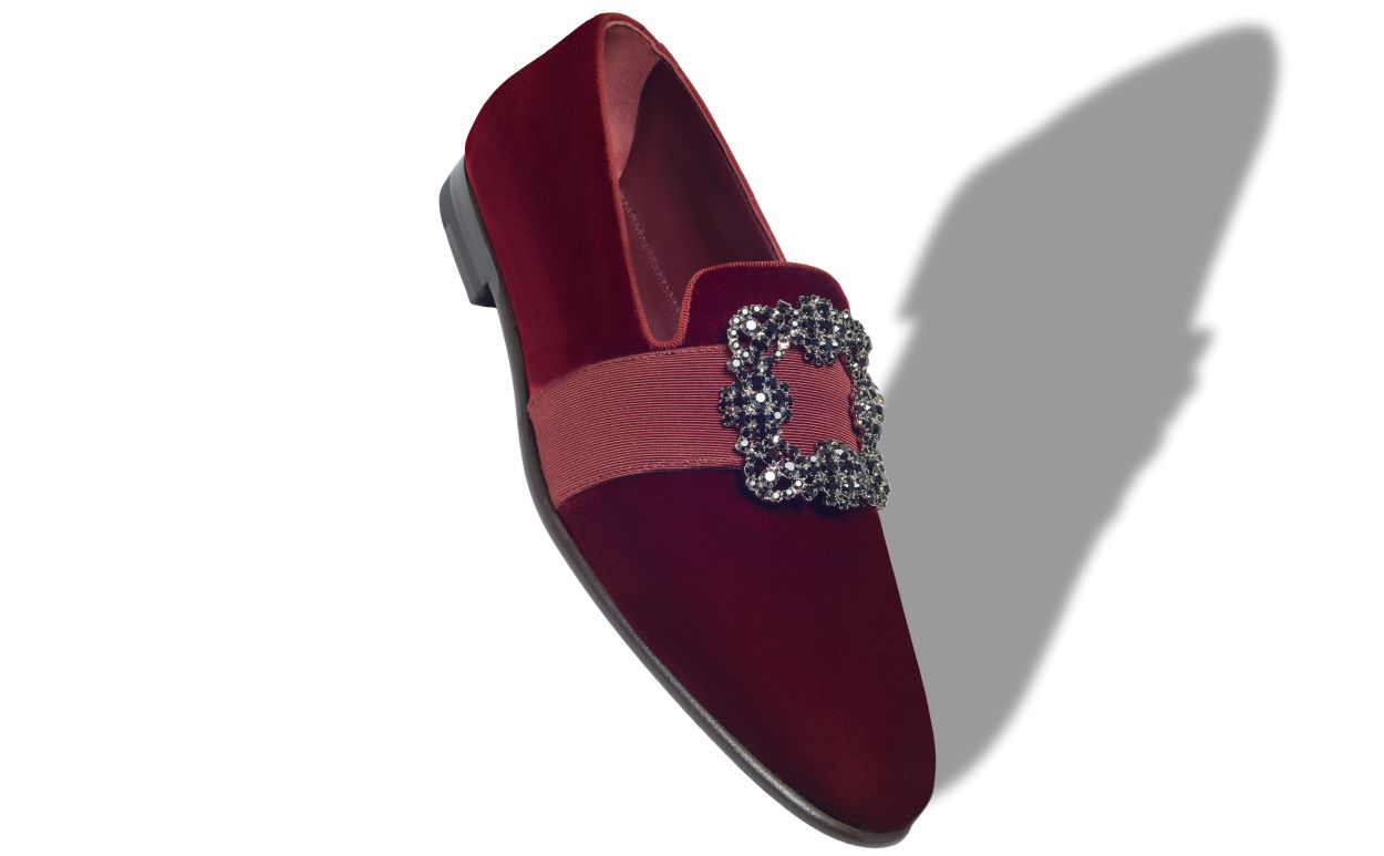 Mocassins à boucle bijou en velours rouge foncé