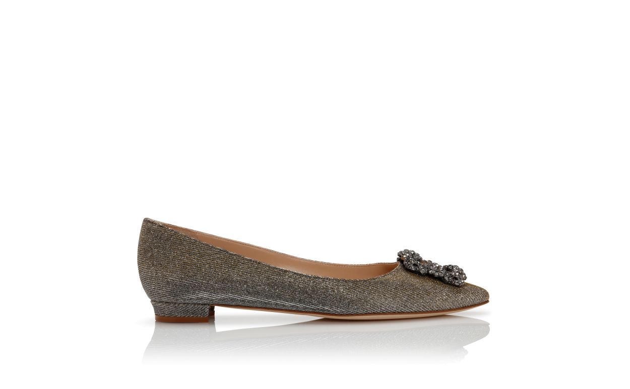 Chaussures plates à boucle de bijou en tissu pailleté doré foncé